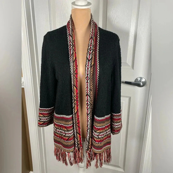 Ruby Rd. black southwest print 3/4 sleeve fringed open cardigan Size Large - Picture 8 of 9